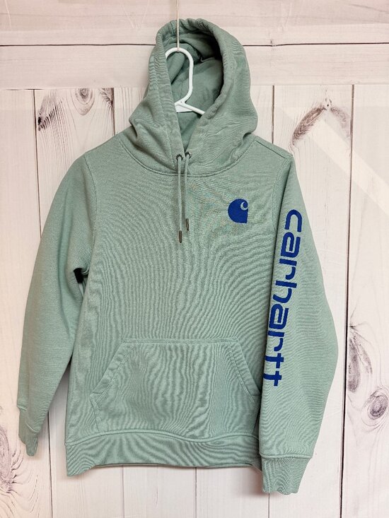Carhartt Tops - Carhartt Women’s Clarksburg Hoodie Medium Jade Heather Sleeve Logo EUC